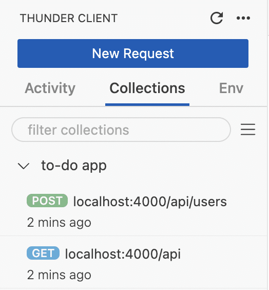 The collections tab in VS Code's Thunder Client Extension